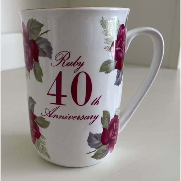 RUBY 40th ANNIVERSARY CERAMIC MUG WITH BURGUNDY ROSES AND GOLD TRIM - Picture 5 of 7